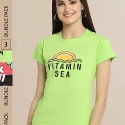 Fabflee Women Green & Red Pack of 3 Graphic Printed Cotton T-shirt-image-64