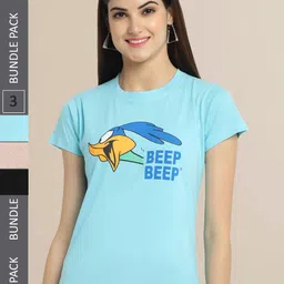 Fabflee Women Blue & Beige Pack of 3 Graphic Printed Cotton T-shirt-picture-20