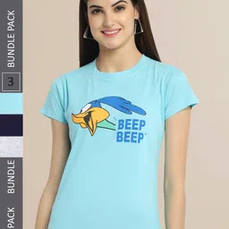 Fabflee Women Blue & Grey Melange Pack of 3 Graphic Printed Cotton T-shirt-image-43