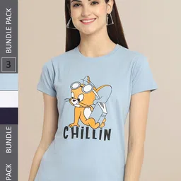 Fabflee Women Blue & White Pack of 3 Printed T-shirt-picture-26