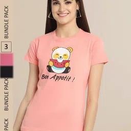 Fabflee Coral & Black Pack Of 3 Typography Printed Cotton T-shirts-picture-33