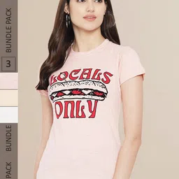 Fabflee Women White & Cream Pack of 3 Typography Printed Cotton T-shirts-picture-39