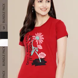 Fabflee Women Red & White Pack of 3 Graphic Printed Cotton T-shirt-image-91