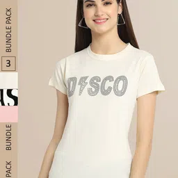Fabflee Women Off White & Pink Pack Of 3 Typography Printed Cotton T-shirts-picture-19