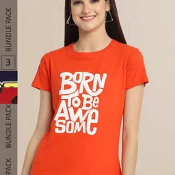 Fabflee Women Maroon & Navy Blue Pack of 3 Graphic Printed Cotton T-shirt-picture-41