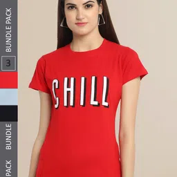 Fabflee Women Red & Black Pack of 3 Graphic Printed Cotton T-shirt-image-46