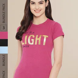 Fabflee Women Pink & Black Pack of 3 Typography Printed Cotton T-shirt-picture-11