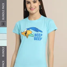 Fabflee Women Blue & Mint Green Pack of 3 Graphic Printed Cotton T-shirt-picture-30