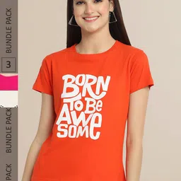 Fabflee Women Orange & Pink Pack of 3 Graphic Printed Cotton T-shirt-image-79