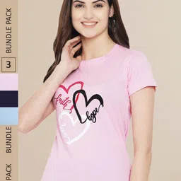 Fabflee Women Black & Pink Pack of 3 Typography Printed Cotton T-shirts-image-70