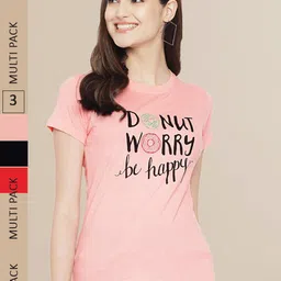 Fabflee Women Black & Red Pack of 3 Typography Printed Cotton T-shirt-image-72