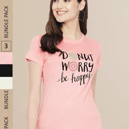 Fabflee Women Peach & Black Pack of 3 Typography Printed Cotton T-shirts-image-33