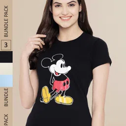 Fabflee Women Black & Blue Pack of 3 Printed Cotton T-shirts-picture-31