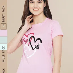 Fabflee Women Pink & Blue Pack of 3 Graphic Printed Cotton T-shirt-image-76