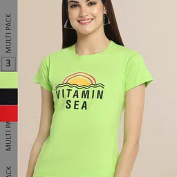 Fabflee Pack Of 3 Women Typography Printed Cotton T-shirts image 1