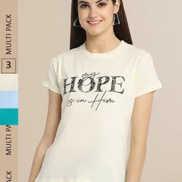 Fabflee Pack Of 3 Women Beige & Blue Typography Printed Cotton T-shirt-image-52