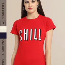 Fabflee Women Red & Cream Pack of 3 Graphic Printed Cotton T-shirt-image-48