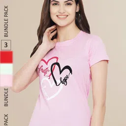 Fabflee Women Pink & Red Pack of 3 Typography Printed Cotton T-shirts-image-9