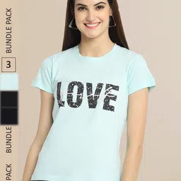 Fabflee Women Turquoise Blue & Black Pack of 3 Typography Printed Cotton T-shirt-picture-16