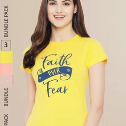 Fabflee Women Yellow & Peach Pack of 3 Typography Printed Cotton T-shirt-image-44