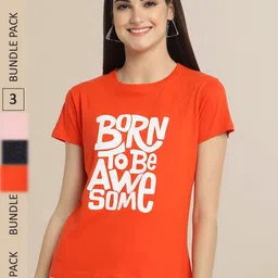 Fabflee Women Orange & Black Pack of 3 Typography Printed Cotton T-shirt-picture-28