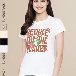 Fabflee Women White & Black Pack of 3 Typography Printed Cotton T-shirt-image-51