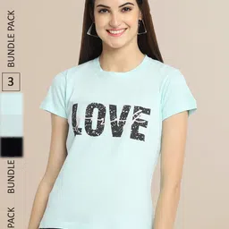 Fabflee Women Blue & Black Pack of 3 Typography Printed Cotton T-shirt-picture-18