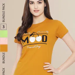 Fabflee Women Mustard Yellow & Peach-Coloured  Pack of 3 Printed T-shirt-picture-30