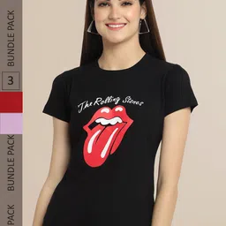 Fabflee Women Black & Maroon Pack Of 3 Printed Cotton T-shirts-picture-40