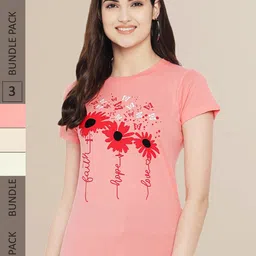 Fabflee Women Peach-Coloured & Beige Pack of 3 Printed Cotton T-shirt-picture-26