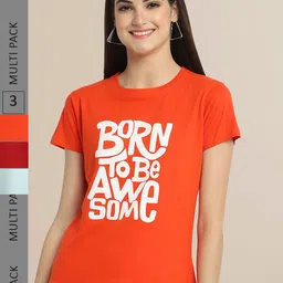 Fabflee Pack Of 3 Women Typography Printed Cotton T-shirts-picture-22