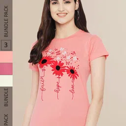 Fabflee Women Peach-Coloured & Pink Pack of 3  Printed Cotton T-shirt-picture-11