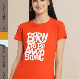 Fabflee Women Orange & Mustard Yellow Typography Pack Of 3 Printed Cotton T-shirts-picture-21