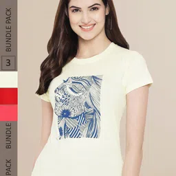 Fabflee Women Red & Yellow Pack of 3 Printed Cotton T-shirt-picture-15