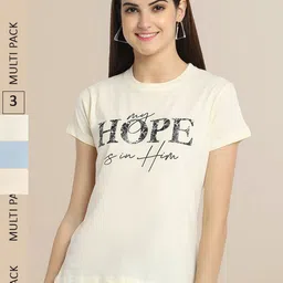 Fabflee Women Beige & Blue Typography Pack of 3 Cotton T-shirt-picture-15