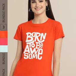 Fabflee Women Pack of 3 Cotton Printed Typography T-shirt-image-72