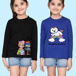 NUSYL Girls Black & Blue Pack of 2 Graphic Printed T-shirts-picture-34