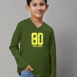 Friskers Boys Olive Green Typography Printed V-Neck Applique T-shirt-picture-48