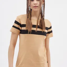 Rodzen Women Beige & Black Striped Applique T-shirt-image-8