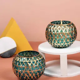 manor house Classic Blue Mosiac Glass (Set of 2) Tea Light Holders by Citilites image 1