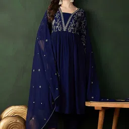 Sangria Navy Blue Ethnic Motifs Embroidered A-Line Kurta With Trouser & Dupatta image 1