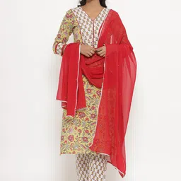 CRAFIQA Floral Printed Sequinned Pure Cotton Straight Kurta with Trousers & Dupatta-picture-26