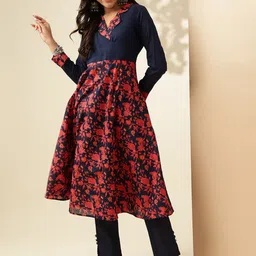 Anouk Floral Printed Shawl Collar Long Sleeves Angrakha Pure Cotton Kurta with Trousers-picture-17