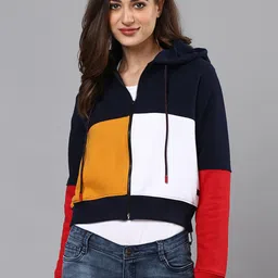 Campus Sutra Women Navy Blue Colourblocked Crop Hooded Sweatshirt image 1
