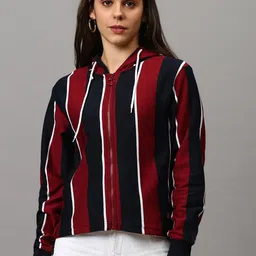 Campus Sutra Women Red & Black Striped Hooded Sweatshirt-picture-32