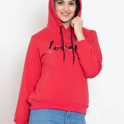 FLOSBERRY Women Red Fleece Hooded Sweatshirt-picture-22