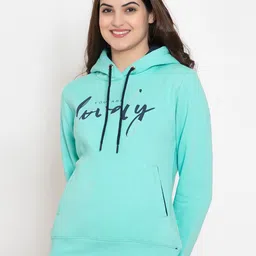 FLOSBERRY Women Sea Green Printed Fleece Hooded Sweatshirt-image-86