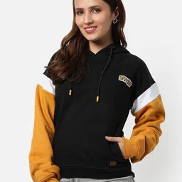Campus Sutra Women Black & Mustard Colourblocked Hooded Sweatshirt-picture-31