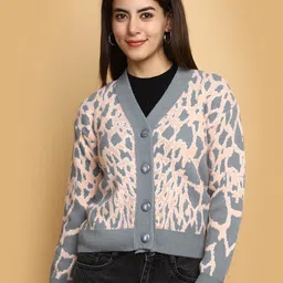 V-Mart Self Design V-Neck Cardigan Cotton Suede Sweater image 1