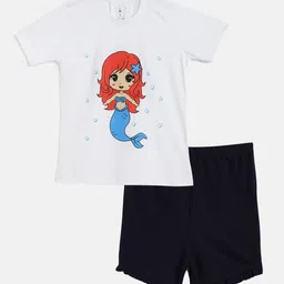 Wyld Sprog Girls White & Black Mermaid Printed Cotton T-shirt with Shorts-image-40